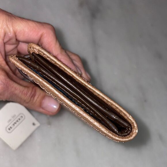 Coach Wallet Golden Tan Pearlized Metallic Pebbled Leather Twistlock Wallet NWT - Picture 7 of 16